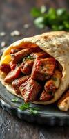 Deliciously grilled meat wrapped in soft flatbread served on a dark wooden table with fresh herbs photo
