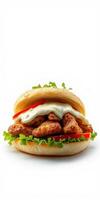 Juicy chicken sandwich loaded with fresh vegetables and creamy sauce on a soft bun photo