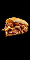 Mouthwatering sandwich filled with grilled meats and melted cheese against a black background photo