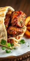 Delicious grilled chicken wrap with fresh toppings served alongside crispy fries photo