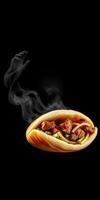 Juicy meat filling nestled in a warm bun with vapor rising against a dark background photo