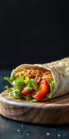 Savory wrap filled with seasoned chicken, fresh vegetables, and crisp lettuce on a wooden board photo