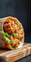 Delicious chicken wrap with fresh vegetables placed on a wooden board in a dimly lit setting photo