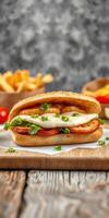 Delicious sandwich with melted cheese, fresh vegetables, and crispy fries served on a rustic wooden table photo