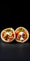 Delicious pita wraps filled with spiced meat, fresh vegetables, and creamy sauce on a dark background photo