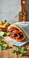 Delicious wrapped sandwich filled with grilled meat, onions, and fresh herbs alongside crispy fries and lime photo