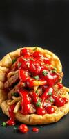 Deliciously stacked flatbread sandwich with savory filling and vibrant sauce photo