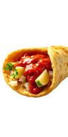 Delicious Mexican taco filled with chicken, onions, and fresh salsa in a warm tortilla wrap photo