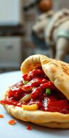 Delicious flatbread filled with savory ingredients and vibrant sauce served in a modern kitchen setting photo
