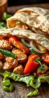 Delicious grilled chicken wrap with fresh vegetables served on a rustic wooden table photo