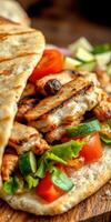 Delicious grilled chicken wrap filled with fresh vegetables and pita bread at a cozy outdoor setting photo