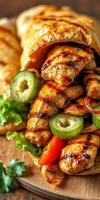 Grilled chicken wraps filled with fresh vegetables arranged on a wooden platter photo