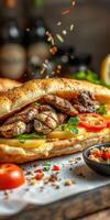 Delicious grilled sandwich with fresh vegetables and spices served on wooden table photo