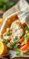 Savory chicken wrap filled with fresh vegetables and herbs served with citrus photo