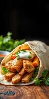 Delicious chicken wrap filled with fresh vegetables and creamy sauce served with dipping sauce photo