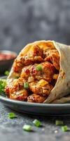 Delicious chicken wraps filled with flavorful ingredients and garnished with green onions on a plate photo