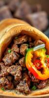 Delicious beef wrap filled with tender meat and colorful peppers prepared in a vibrant kitchen photo