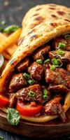 Flavorful beef wrap filled with tender meat, fresh vegetables, and savory sauce served with crispy fries photo