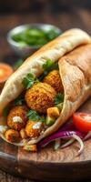 Delicious falafel wrap with fresh vegetables and herbs served on a wooden table photo