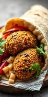 Delicious vegetarian falafel wrapped in flatbread with fresh vegetables and herbs on a wooden plate photo