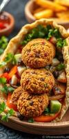 Delicious falafel wrap with fresh vegetables and herbs served in a wooden bowl with side dishes photo