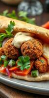 Fresh falafel wrap with vegetables and sauce served on a plate at a casual eatery photo