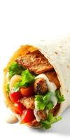 Delicious wrap filled with grilled meat, fresh vegetables, and savory sauce on a plain background photo