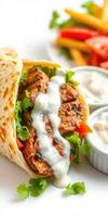 Delicious wrap filled with grilled meat, fresh vegetables, and creamy sauce served with fries and dips photo
