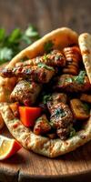 Savory grilled meat and vegetables wrapped in a warm flatbread with fresh herbs and spices photo
