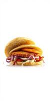 Delicious layered burger with savory ingredients served against a clean white background photo