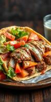 Delicious shawarma wrap with fresh vegetables and tahini sauce served on a wooden table photo