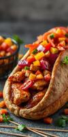 Fresh chicken wrap filled with colorful vegetables and sauce, served in a pita for a tasty meal photo