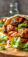Savory grilled kofta wrap filled with fresh vegetables and herbs in a rustic setting photo