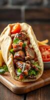 Sizzling meat wrap served with fresh vegetables on a wooden board in a cozy setting during daylight photo