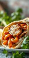 Delicious wrap filled with flavorful chicken and pasta served on a plate with fresh herbs photo