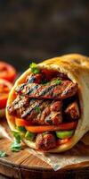 Grilled meat wrap filled with fresh vegetables and herbs on a rustic wooden table photo