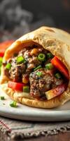 Delicious wrap filled with grilled meat, fresh vegetables, and savory sauce served on a plate photo