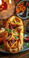 Flavorful street food dish featuring grilled meat and spicy noodles in a roll at a lively local eatery photo