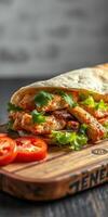 Freshly wrapped chicken wrap with vegetables and herbs ready to eat photo