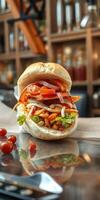 Mouthwatering sandwich filled with fresh vegetables and savory ingredients in a cafe setting photo