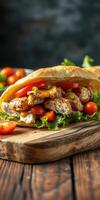Savory grilled chicken wrap filled with fresh vegetables and vibrant cherry tomatoes on a wooden board photo