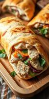 Delicious wraps filled with grilled chicken, fresh vegetables, and herbs served on a wooden board photo