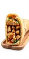 Grilled chicken wrap with fresh vegetables and herbs served on a wooden board photo