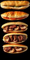 Different styles of grilled meat sandwiches arranged vertically on a black background photo