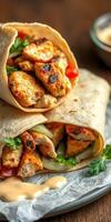 Grilled chicken wraps filled with fresh vegetables served on a wooden table photo