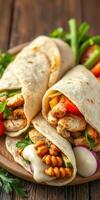 Freshly made tortillas filled with grilled chicken, vegetables, and creamy sauce served on a rustic wooden table photo