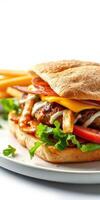 Delicious sandwich with bacon, cheese, and fresh vegetables served with golden fries on a white plate photo