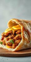 Delicious wrap filled with grilled chicken, melted cheese, and fresh herbs on a wooden board photo