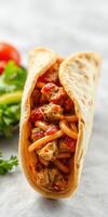 Delicious wrap filled with savory grilled chicken, vegetables, and herbs at a casual dining location photo