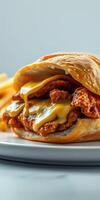 Delicious chicken sandwich with melted cheese served with crispy fries on a clean plate photo